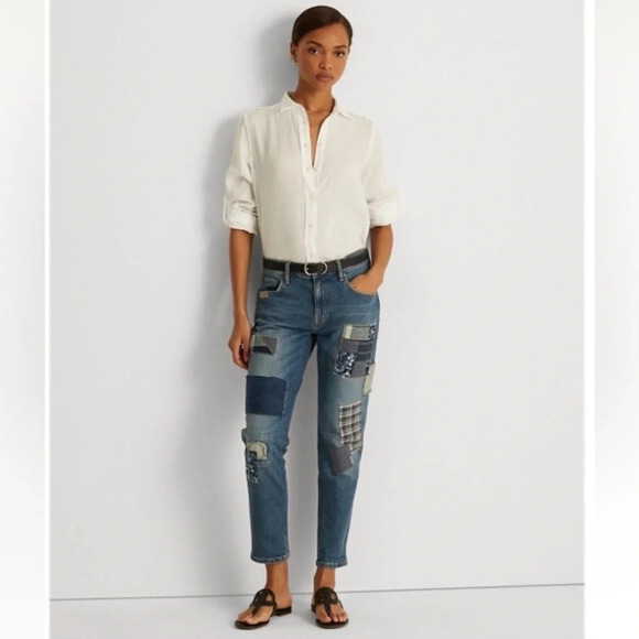 NWT Ralph Lauren Patchwork Stretch Relaxed Taper Denim Jeans Size 6 - Picture 1 of 12